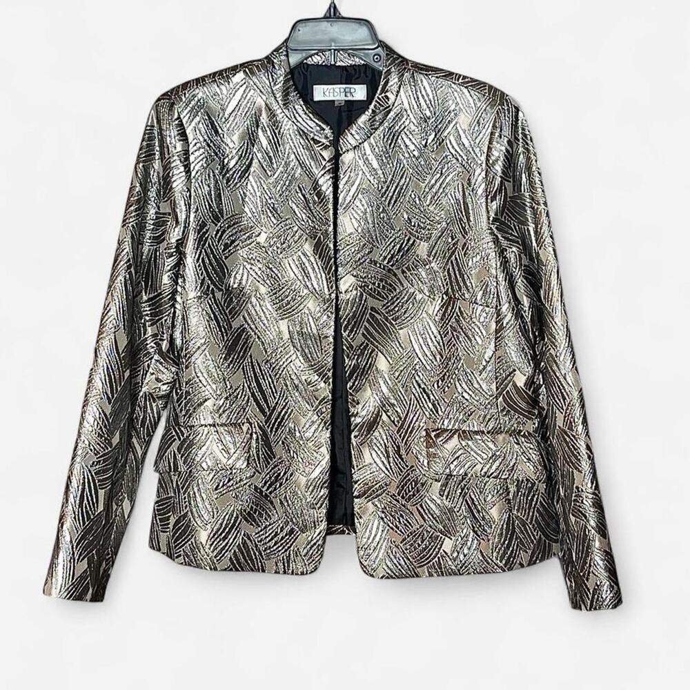Kasper Metallic Silver Jacquard Open Front Crepe Blazer – Size 12